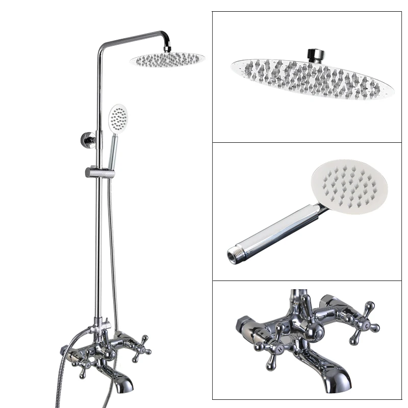 

Polished Chrome Brass Bathroom Wall Mounted Round Rain Shower Faucet Set with Hand Spray Two Cross Handles Tub Mixer Tap acy328