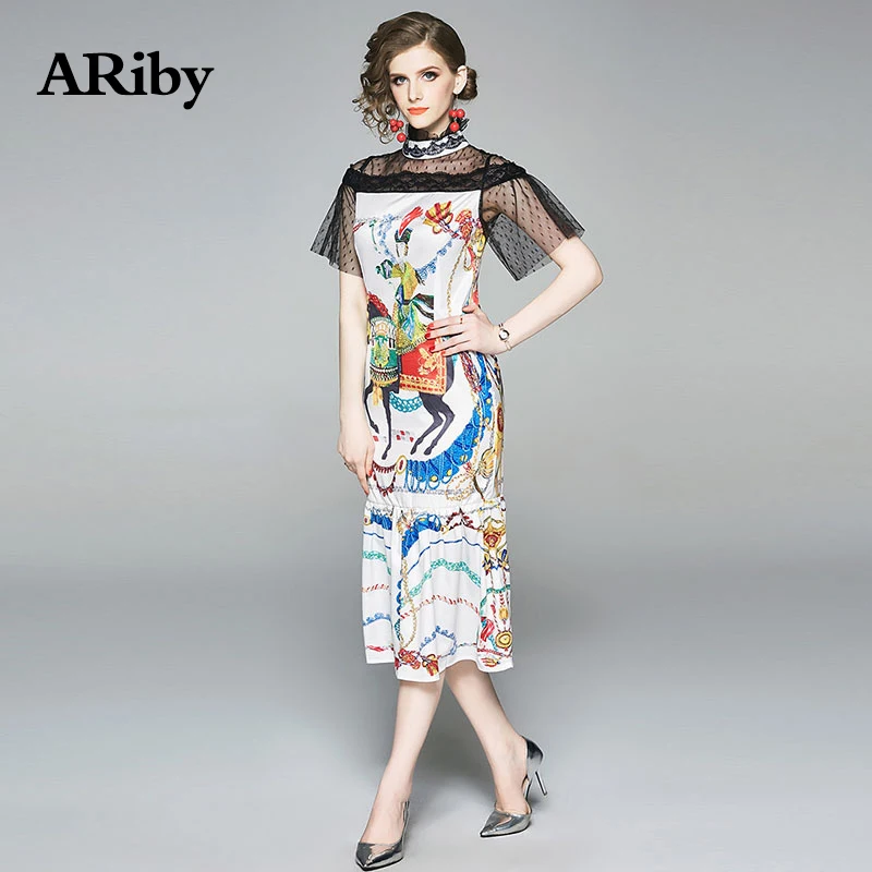 Women Dress Fishtail Dress 2019 New Summer Vintage Elegant Fashion Stand Collar Lace Printed Stitching Mid-Calf Dress Vestidos