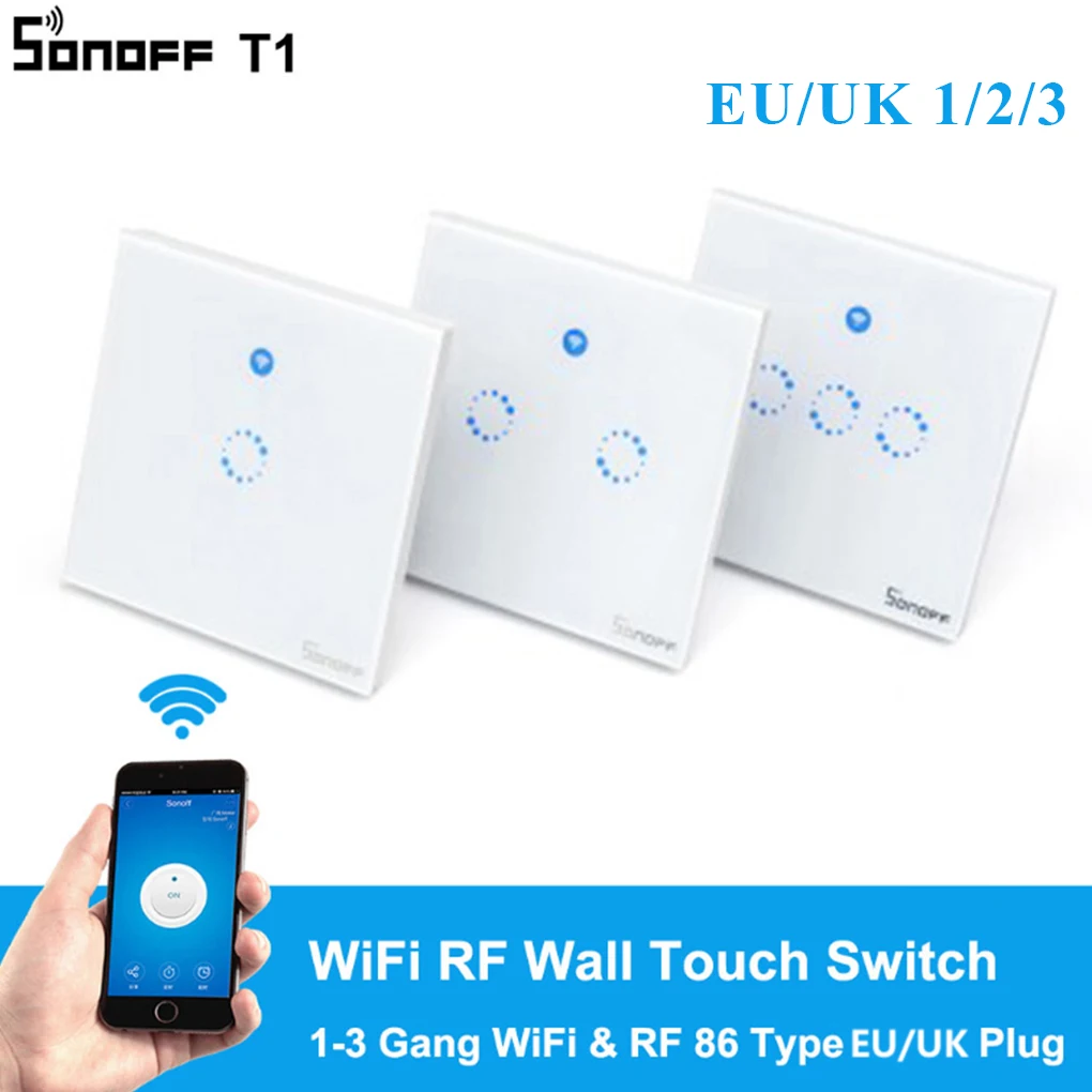 

Sonoff T1 UK/EU Panel 1/2/3GANG WiFi Smart Home RF/APP/Touch Remote Control 86 Type Wall Light Switch Work with Alexa Google