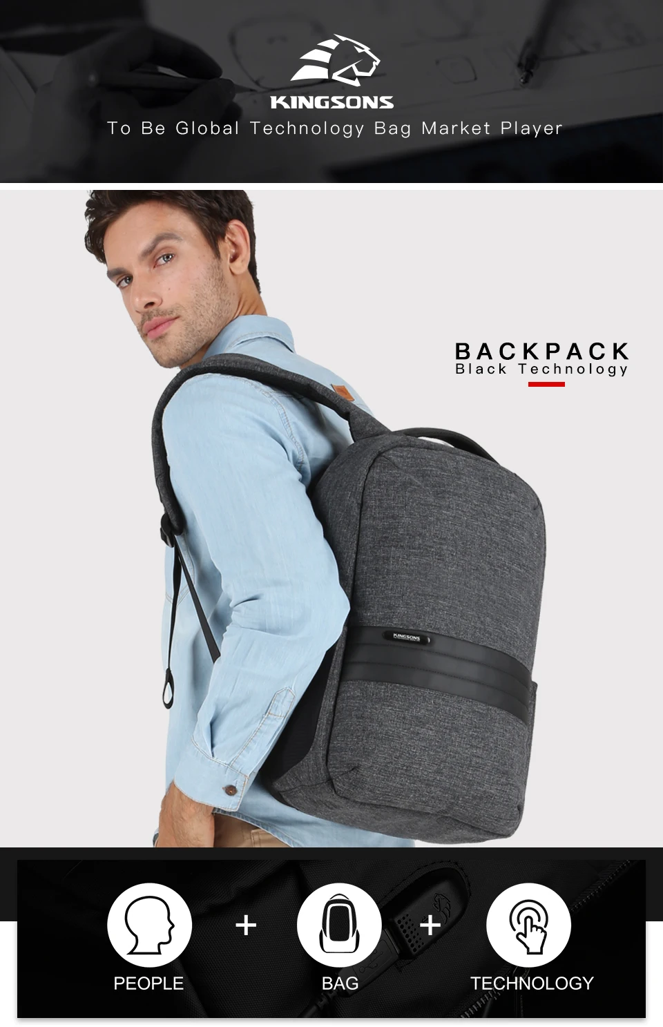 Kingsons мужской рюкзак с зарядкой через usb 180 градусов открытая дорожная сумка 15,6 inchLaptop рюкзак водонепроницаемая школьная сумка для мальчиков-подростков