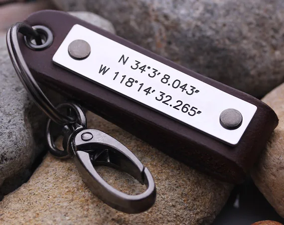

Personalized Coordinate keychain - Latitude Longitude keychain - leather key chain - Gift for Him