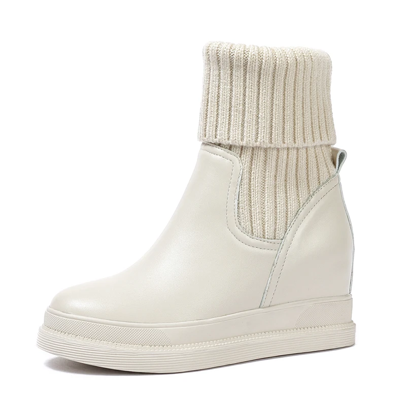 

2018 autumn/Winter leather with fluffy line boots white Martin boots inside increased women's shoes thick bottom boots