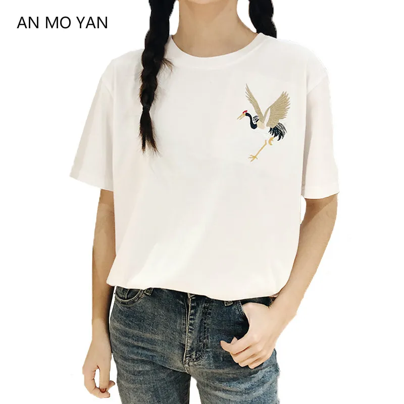 

AN MO YAN 2018 Summer Milk Silk Women's White T-shirt Crane Embroidery Harajuku Loose Short Sleeve Pullover Bf Style Clothing