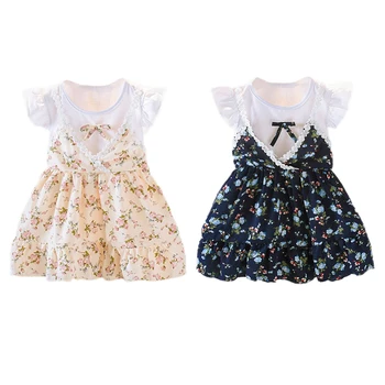 

2019 Baby Girls Beach Dress Summer Casual Chiffon Flare Sleeve Fake 2 Piece Floral Pattern Dress Kids Toddler Princess Sundress
