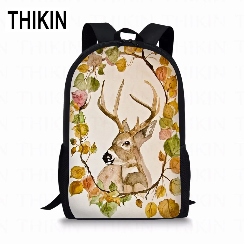 THIKIN Elk In The Book Print школьная сумка для девочек цветочные рога Женские повседневные Рюкзаки Школьный рюкзак для подростков