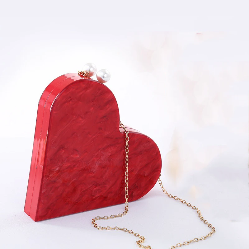 Women Acrylic Clutch Fashion Cute Red Heart Shape Handbags Pearl Chain Party Evening bag ...