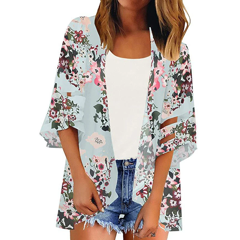 Summer Boho Holiday Plus Size 3XS-3XL Womens Floral Kimono Cardigan Top Female Casual Loose Mesh Shawl Bikini Cover Up Blouse