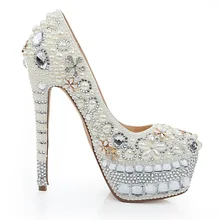 Пружина Супер Высокий каблук круглый носок кристалл принцесса Для женщин белый жемчуг, горный хрусталь тонкие свадебные туфли для торжеств обувь для вечеринок