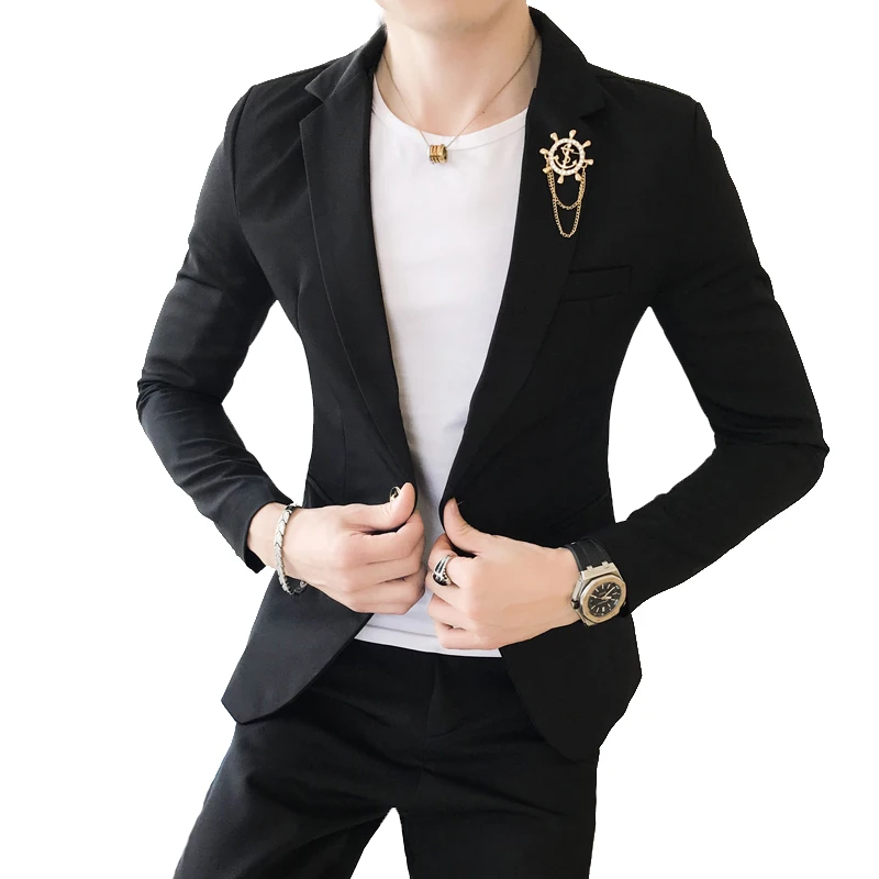 

Men's suit two-piece pet (coat + trousers) men's fashion metal decorative suits men's single button casual solid color suit