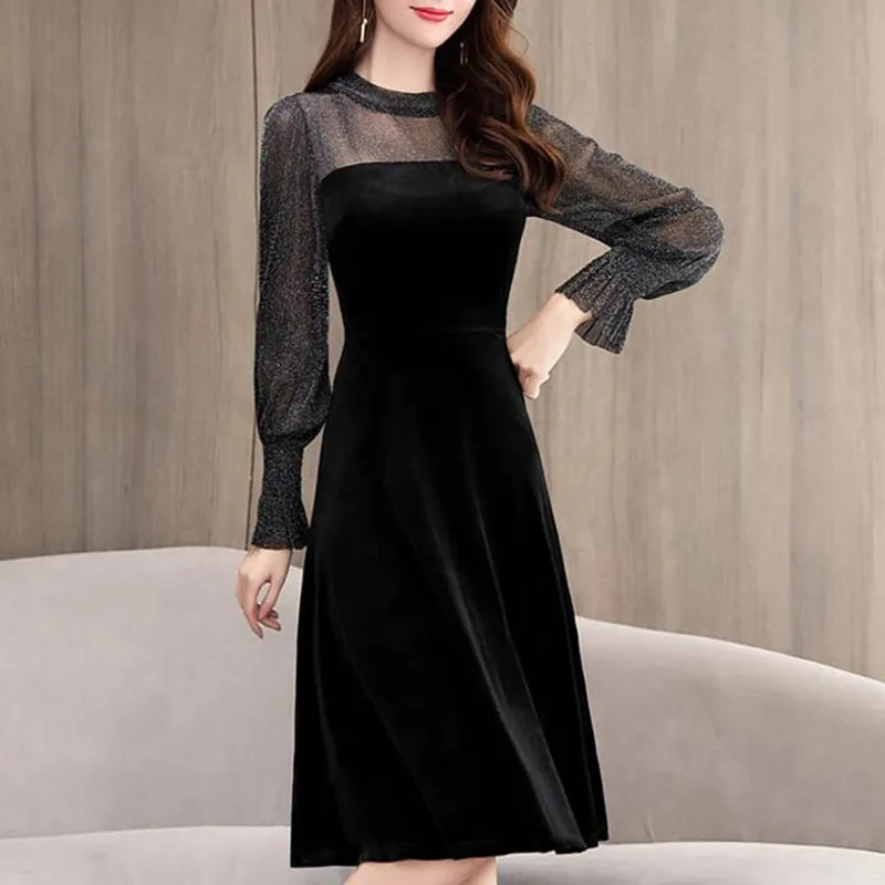 

Velvet Dress Women Elegant Vintage Office Lady Casual Business Wear High Quality Lace Dress Black Red Long Sleeve Female Vestido