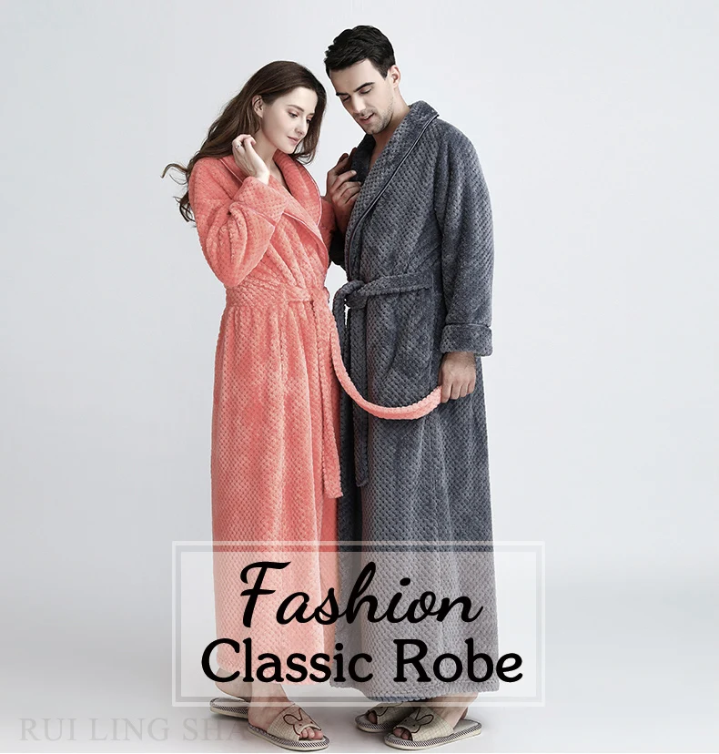 Men Winter Extra Long Knitted Waffle Flannel Coral Fleece Bathrobe Male Full Sleeve Kimono Bath Robe Women Warm Dressing Gown mens silk pajamas