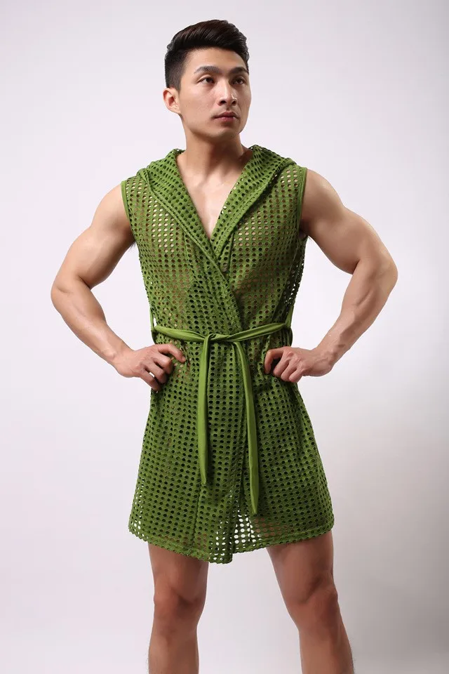 Пикантные для мужчин халат пижамы укороченная Толстовка сна Lounge Gay одежда сетки полые мода перспектива ванной K83 - Цвет: Green