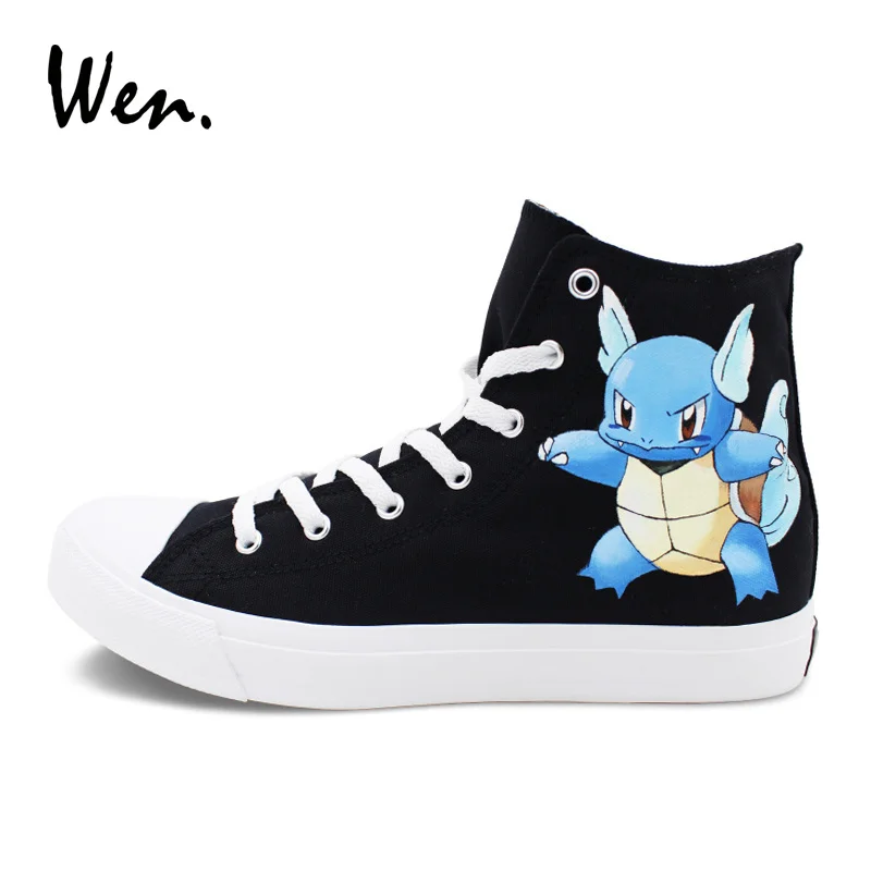 ون تصميم عالية أعلى اليد رسمت أحذية أنيمي البوكيمون Wartortle سلحفاة جيب الوحش قماش أحذية تزلج للجنسين الأسود رياضية