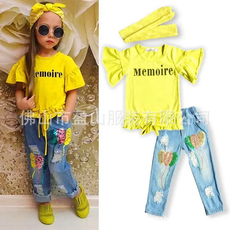 

Girls Fashion 3pcs Children Clothing Set Summer Tops Printed Tshirt + Baby Denim Hole Jeans For Girls Casual Pants Girl Leggings