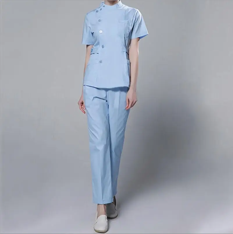 Женская медицинская одежда для медсестер, хирургические костюмы для больниц, униформа для медсестер, для салона красоты, Женское пальто с коротким рукавом+ штаны - Цвет: Синий