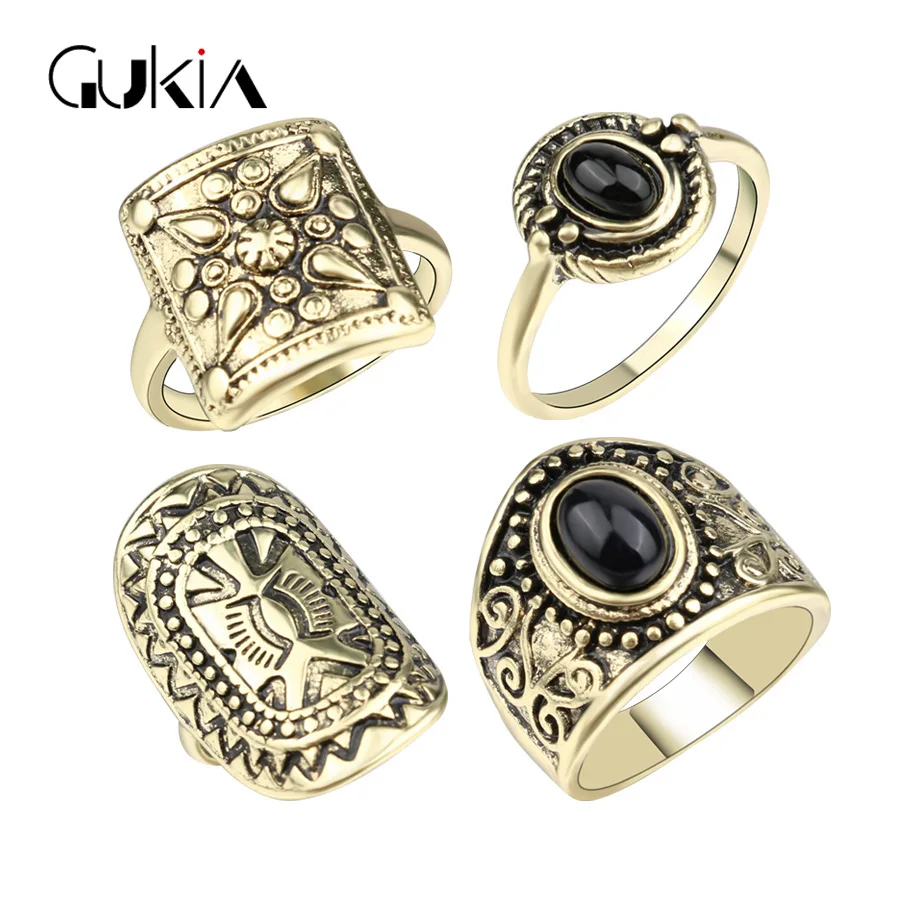 cheap Gukin Fashion Punk Black StoneMidi Rings For Women Plating Ancient Gold Vintage Jewelry Ottoman Style Jewelry Ring 4Pcs Lot