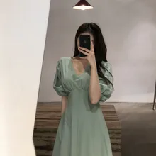 Корейское женское летнее хлопковое льняное сексуальное длинное платье трапециевидной формы с v-образным вырезом, женское элегантное платье с рукавами-фонариками, Vestidos Sukienki Kleider Damen