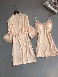 Сексуальные халаты для Для женщин невесты халаты 2 предмета набор кружева пижамы v-образным вырезом 2018 сезон: весна–лето Indoor Костюмы Ночная