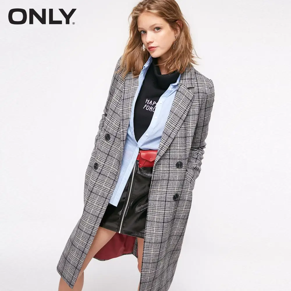 

ONLY Women's Plaid Double-breasted Long Wind Coat | 118336529