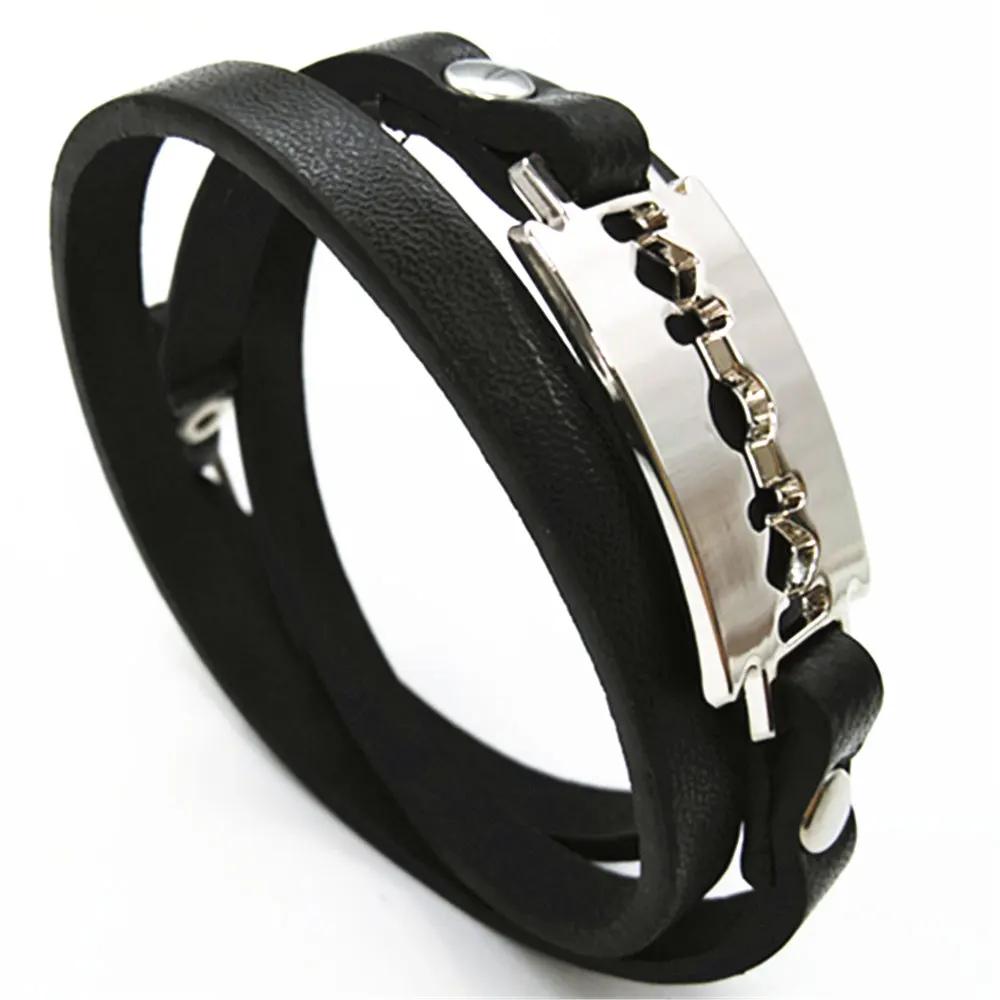 Лезвие многослойный браслет черный ручной работы звено цепи модный браслет манжета кожаные мужские браслеты женские мужские ювелирные изделия