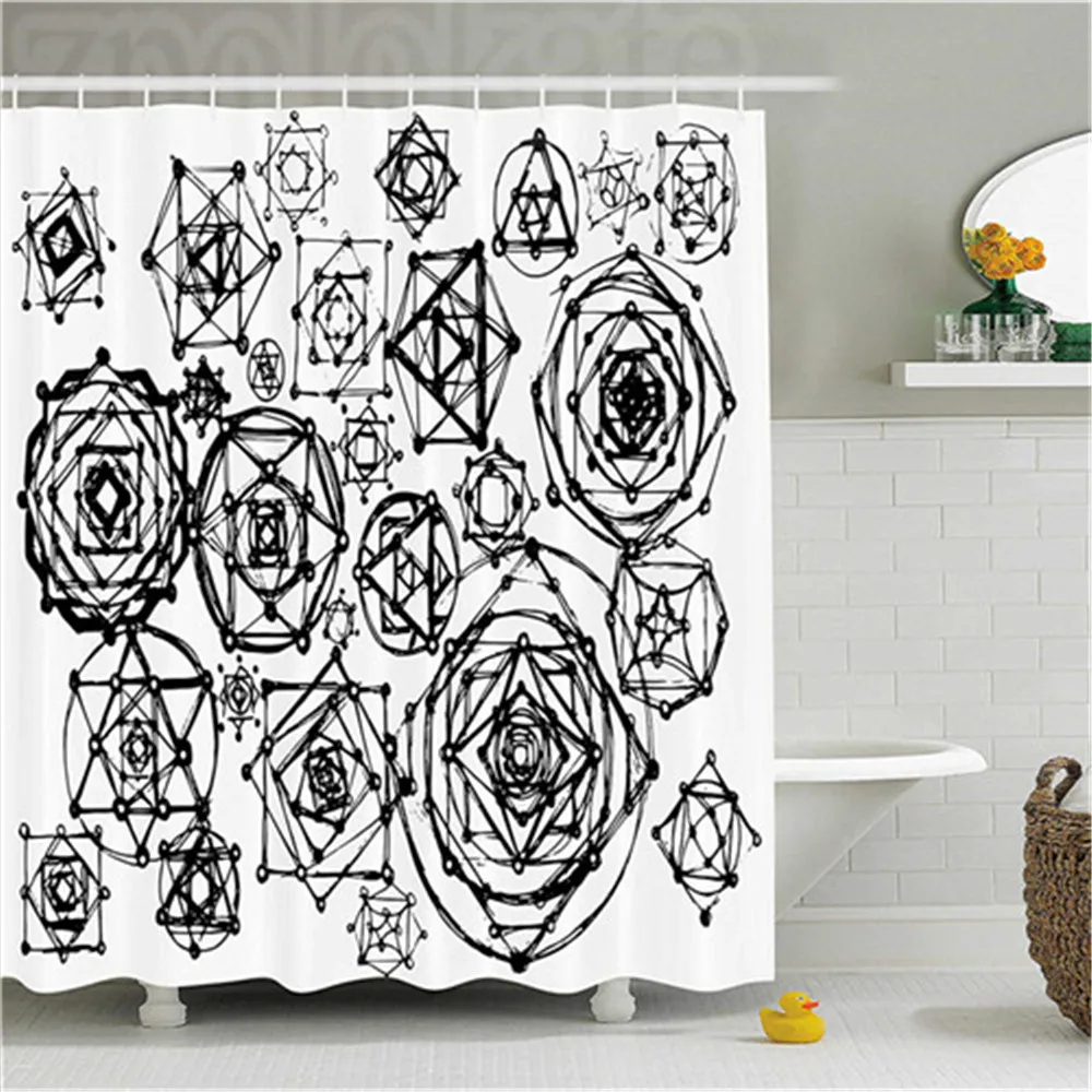 

Sacred Geometrty Decor Shower Curtain Ancient Occult Signs and Symbols with Round Esoteric Elements Art Bathroom Decor Set with