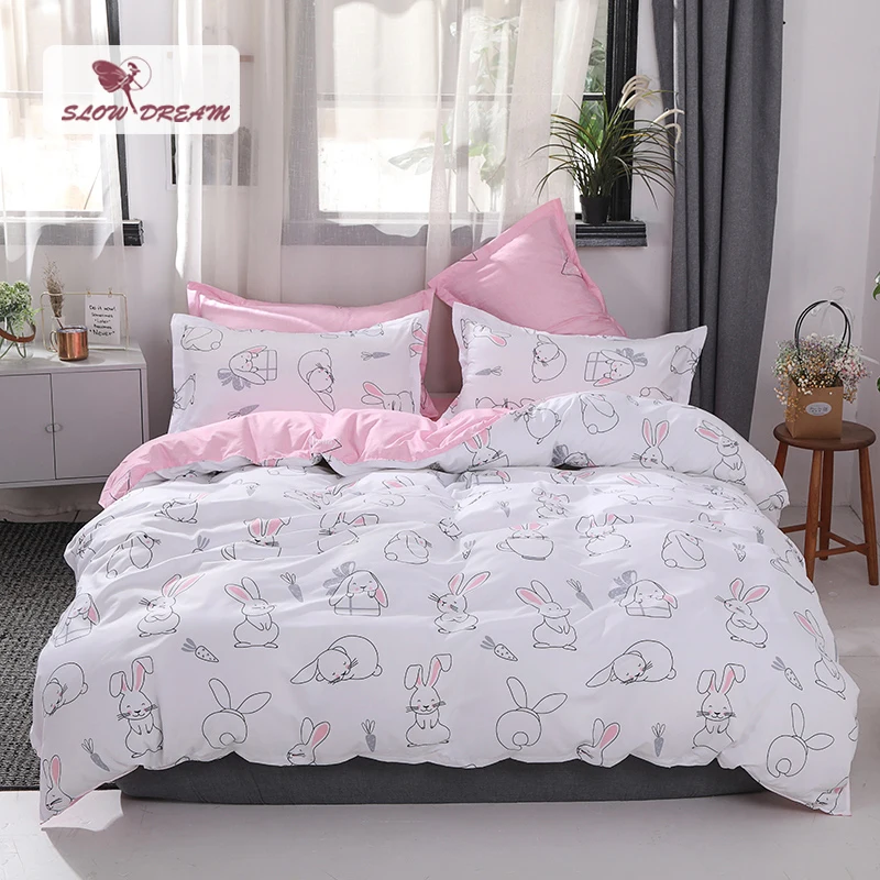 SlowDream Bedding Set Cartoon Lovely Rabbit Pink Girl Bedspread Double Queen Adult Child Duvet Cover Set Bed Linen Flat Sheet