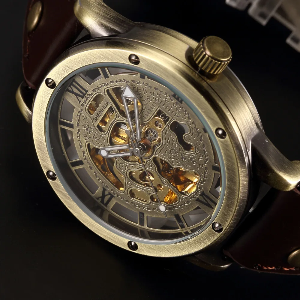 Automatic Watches For Men >> Vintage Bronze Automatic Watches Men Skeleton Brown Leather Strap Automatic Watches For Men >> Vintage Bronze Automatic Watches Men Skeleton Brown Leather Strap