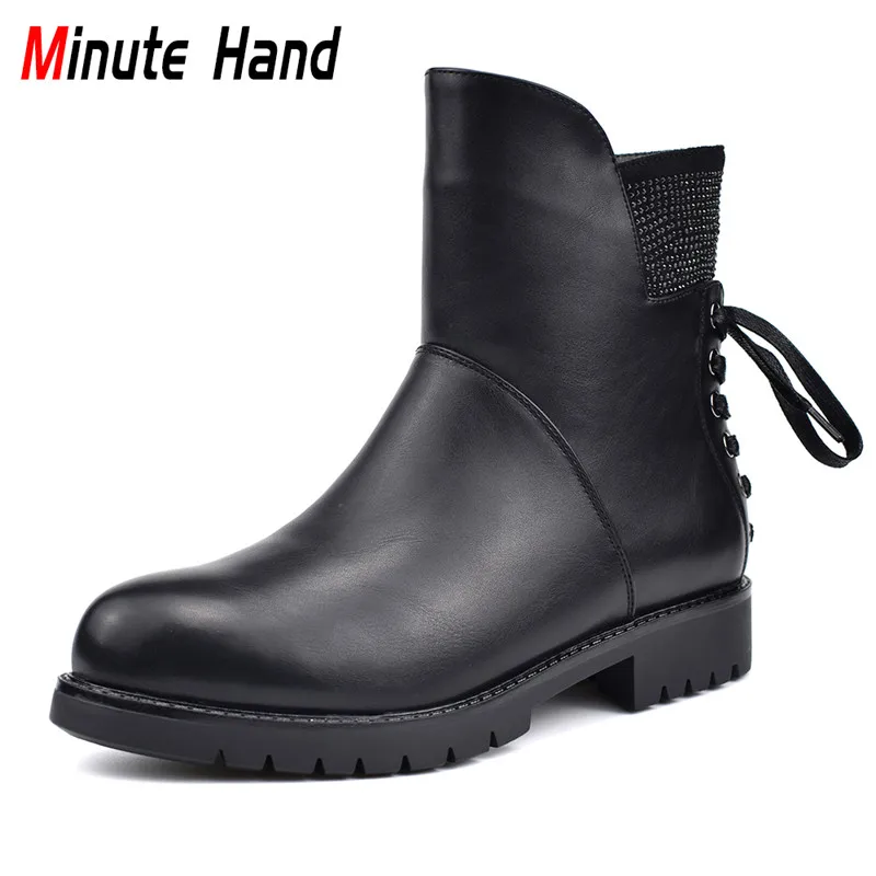 

Minute Hand Autumn Winter Fashion Women Boots Crystal Back Lace Up Side Zip Soft Low Heels Female Ankle Boots Thick Plush Shoes