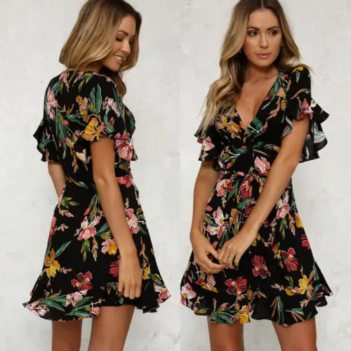

arrival Women BOHO Floral Print Beach Dress 2018 New Summer Lady Evening Party Short Sleeve V neck Mini Dress