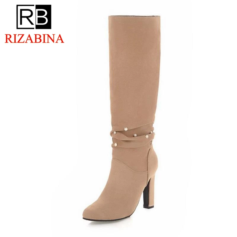 

RizaBina Sexy Women High Heel Boots Beading Warm Fur Shoes Women Winter Knee Boots Office Ladies Fashion Shoes Size 34-43