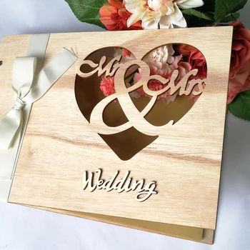 

1pc Guest Book Wooden Hollow Rustic Mr & Mrs Gift Sign-in Book Message Book Photo Album for Wedding