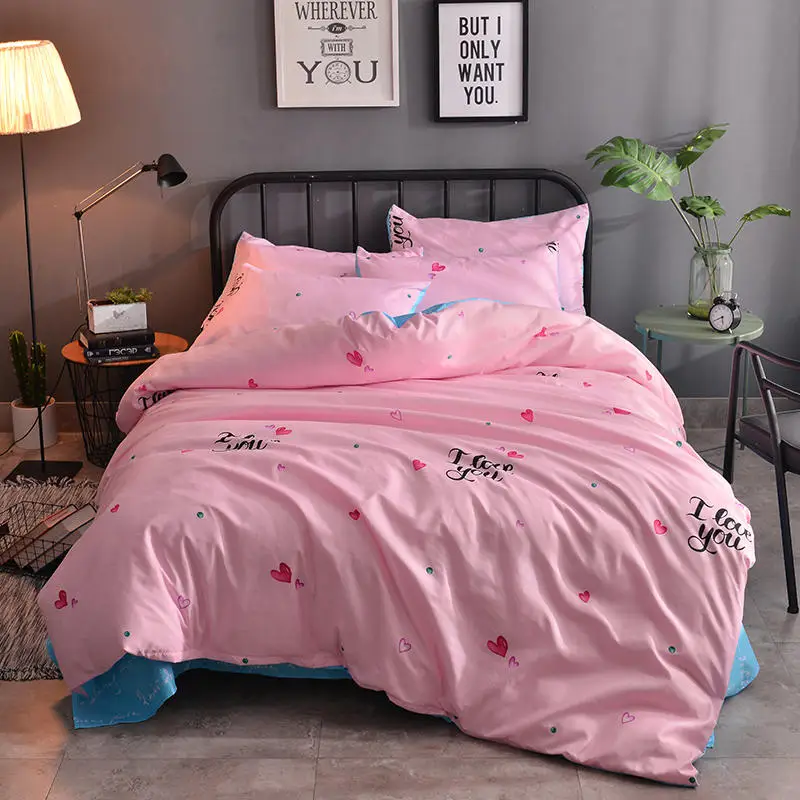 

Romantic Pink/Blue Sweet Heart Girls A&B Edition style bedclothes queen size quilt cover bedsheet pillowcase 4PCS Bedding Set