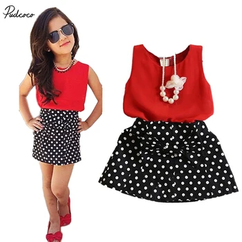 

Girls Set 2017 New Korean Child Clothing Teenager Child Kids Dot Sleeveless Vest + Mini Skirt 2 Piece Sets For Age 2-7