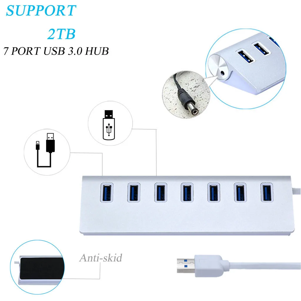 7 Порты и разъёмы USB 3,0 концентратор Алюминий данных с Мощность адаптер для настольных ПК ноутбук серебристого цвета на Скорость USB 3,0 Порты и разъёмы портативный хаб USB разделен