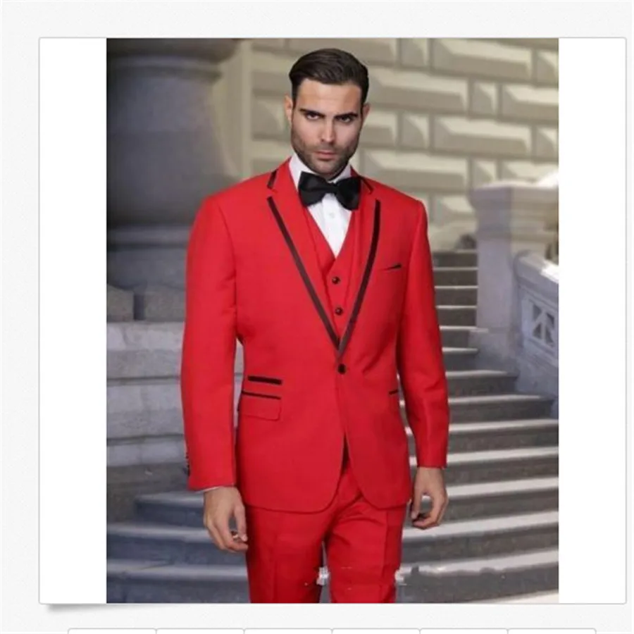 mens 3 piece suits Red man suit three piece satin lapels groom dress