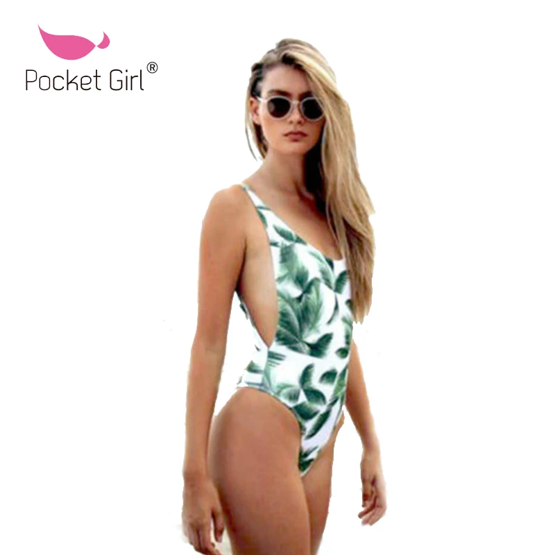

Pocket Girl Swimwear Women One Piece Leave Print Swimsuit Padded Push-up Bikini Beach Swimsuit Bathing Suit Swimwear Beachwear