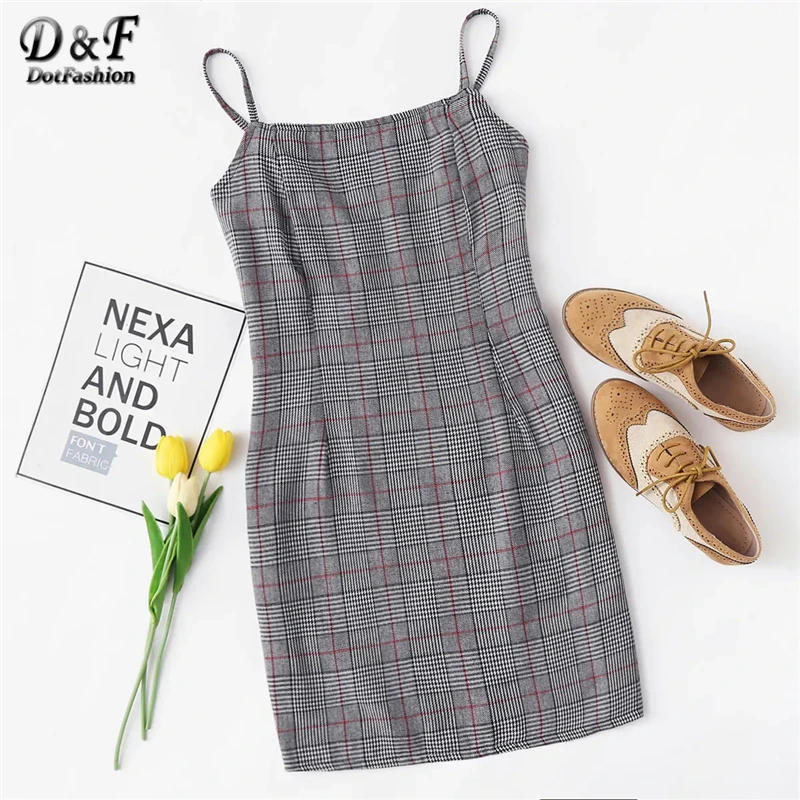 

Dotfashion Plaid Pleated Detail Summer Cami Dress Women 2019 High Quality Vacation Sleeveless Beach Spaghetti Strap Mini Dress