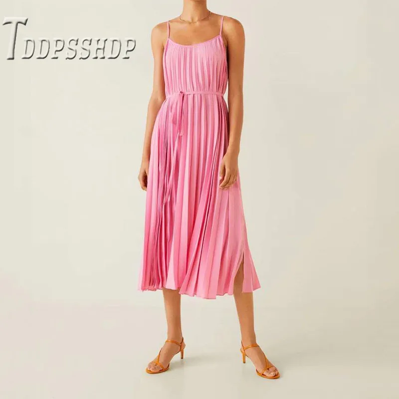 

Pleated Watermelon Red Color Women Dress Spaghetti Strap 2019 Summer Female Dresses