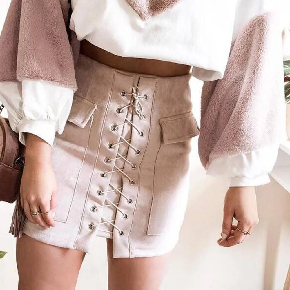 

Faldas mujer moda 2019 Fashion Women Bandage Suede Fabric Mini Slim Seamless Stretch Tight Short Skirt falda harajuku #C