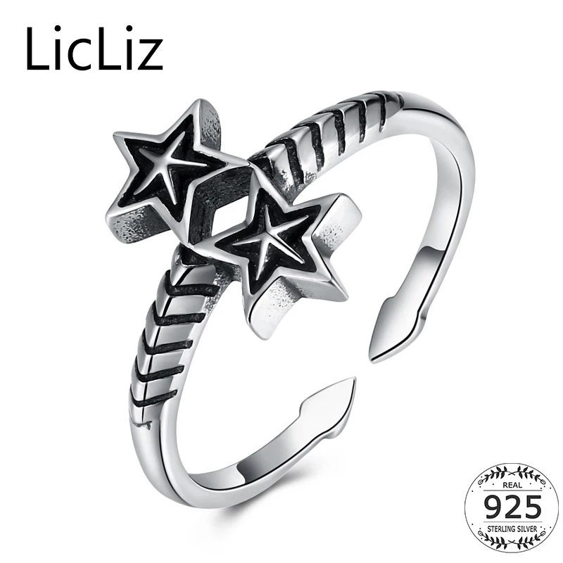 

LicLiz Vintage 925 Sterling Silver Double Star Rings For Women Punk Party Finger Ring Jewelry Stackable Adjustable Ring LR0574