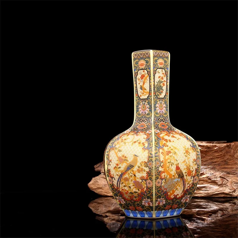 Династия Цин Ен Чжэн год марка Эмаль Золотой шестиугольный цветок и птица небесная бутылка античный фарфор древний фарфор