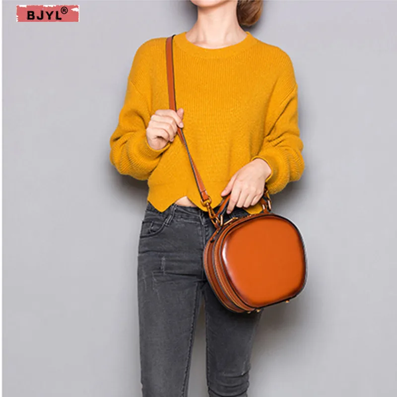 

BJYL new Women Genuine leather handbags slung minimalist retro female shoulder bag diagonal messenger mini round bag package