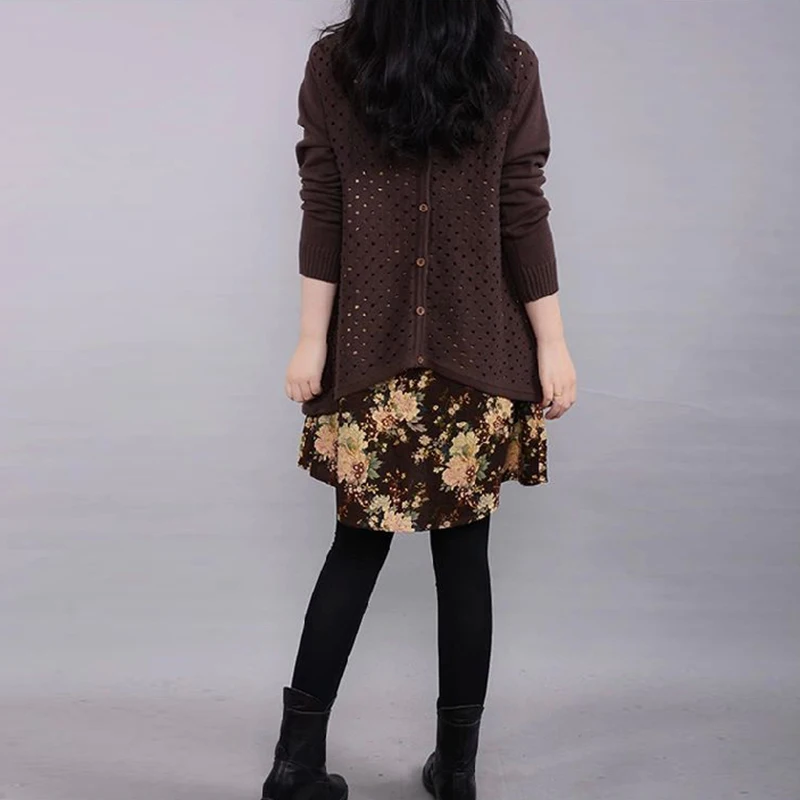 Autumn Winter Women's Long sleeve Knitted Floral Dress Loose Casual Party Dress