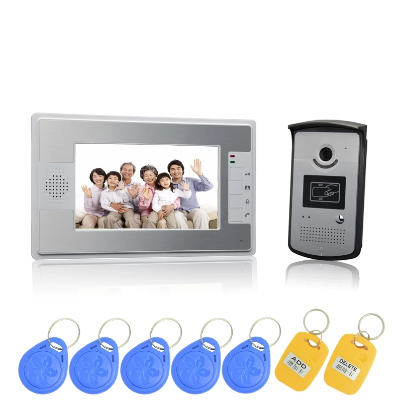 cheap (1 set) HD 7 inch Colorful Display Aluminium Case One To One Video door phone System RFID Card Unlock Wired Intercom camera