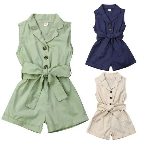 2019 New Fashion Kids Baby Girls Clothes Lovely Solid Sleeveless Bow-tie Waist Short Romper Jumpsuit Outfits Sunsuits Hot Sale