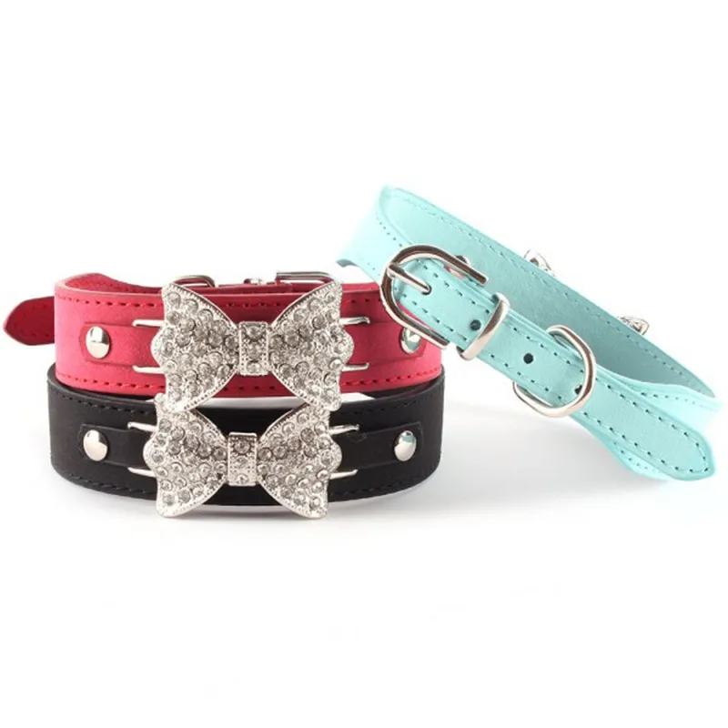 

2016 New Dog Collar Bling Crystal Bow Leather Pet Collar Puppy Choker Cat Necklace XS S M B