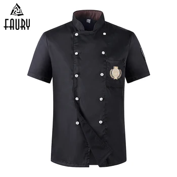 

Women Men Double-breasted Embroidery Badge Restaurant Kitchen Chef Waiter Summer Work Uniform Short-sleeved Chef Jackets & Apron