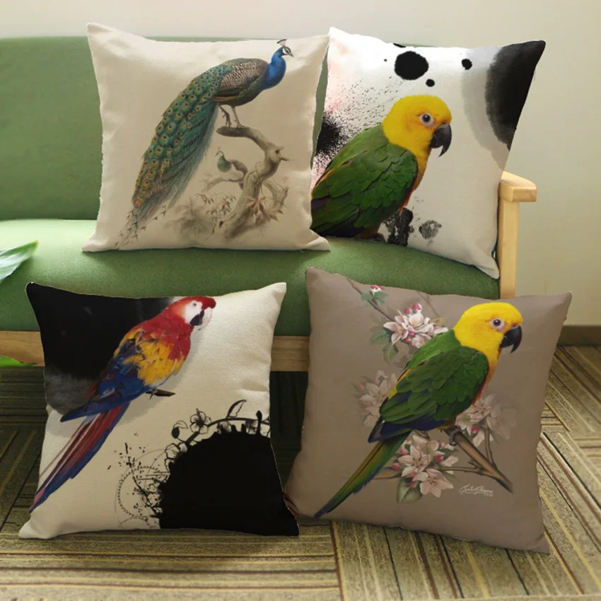 High Quality Parrot Birds Decorative Pillows for Sofa Cotton Linen Home