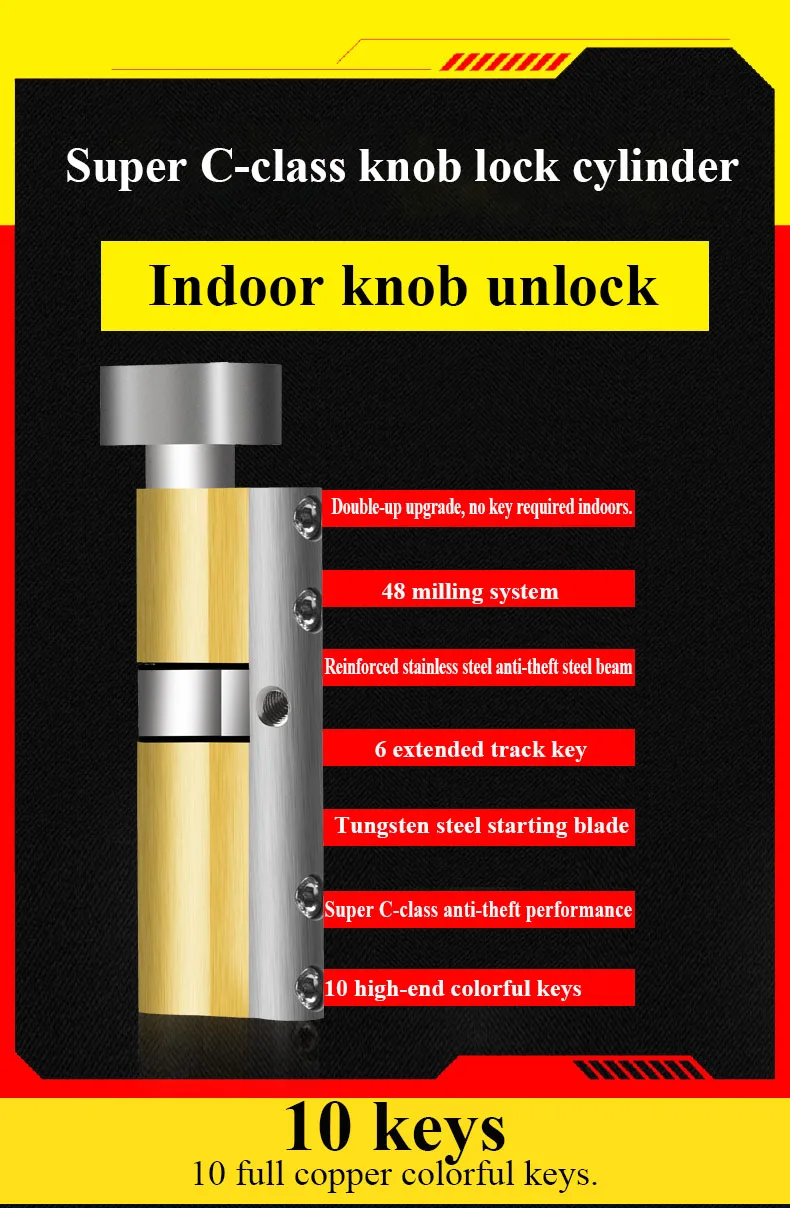 Дверной цилиндр 60 65 70 75 80 85 90 95 100 мм медный замок безопасности цилиндр безопасности двери интерьер спальня гостиная руль 10 ключей