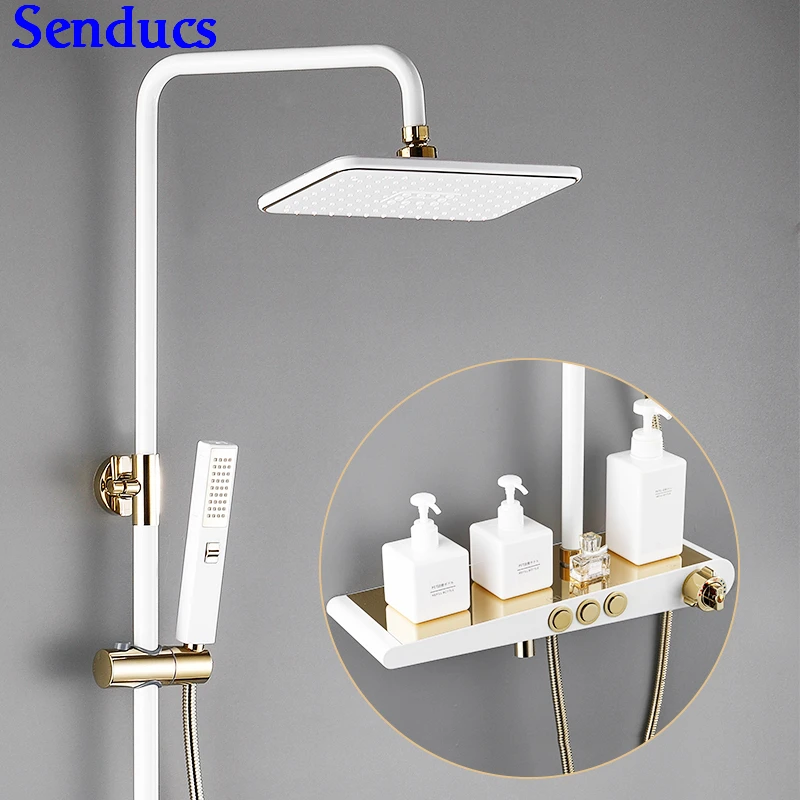

Senducs White Gold Thermostatic Shower Set Cheap Price Bathroom Shower System Bath Shower Faucet Thermostatic Gold Shower Set